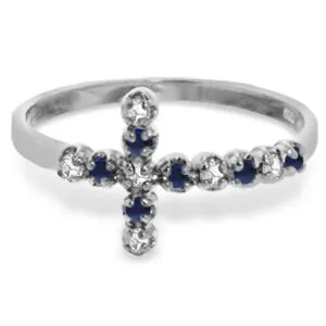 0.24 Carat 14K Solid White Gold Cross Ring Diamond & Sapphire