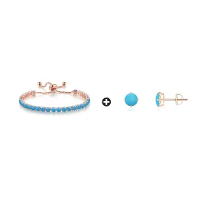 10k Rose Gold 6 Cttw Created Turquoise Round Adjustable Tennis Plated Bracelet and Earrings Set