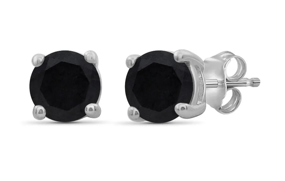 10k White Gold Plated Created Black Sapphire 1Ct Round Stud Earrings