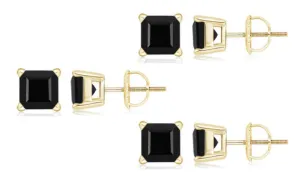 10k Yellow Gold Plated Created Black Sapphire 1 Carat Square Cut Pack of Three Stud Earrings