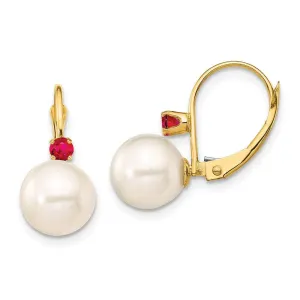 14K 8-8.5mm White Round FWC Pearl Ruby Leverback Earrings