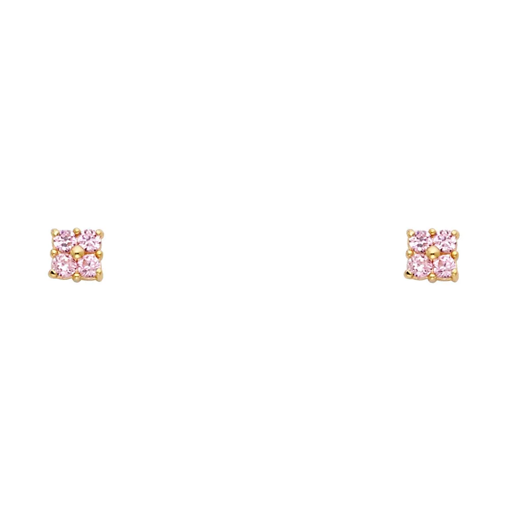 14K Gold Birthstone CZ Flower Stud Earrings