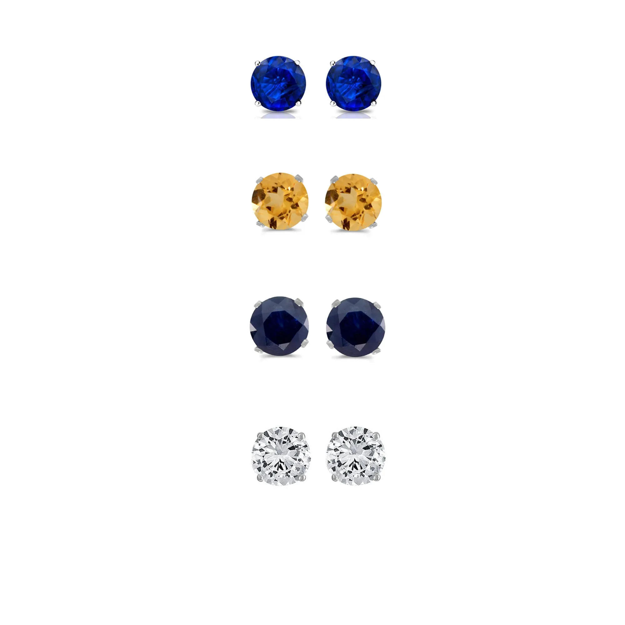 14k White Gold Plated 4Ct Created Blue Sapphire, Citrine, Black Sapphire and White Sapphire 4 Pair Round Stud Earrings