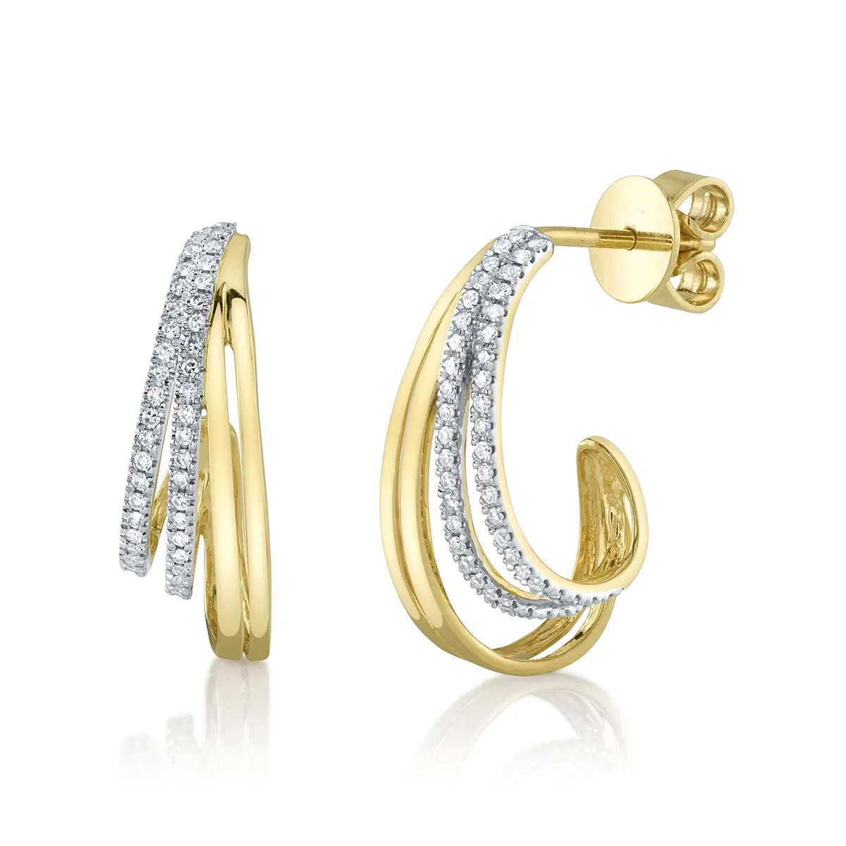 14K Yellow and White Gold Diamond J-Hoop Earrings