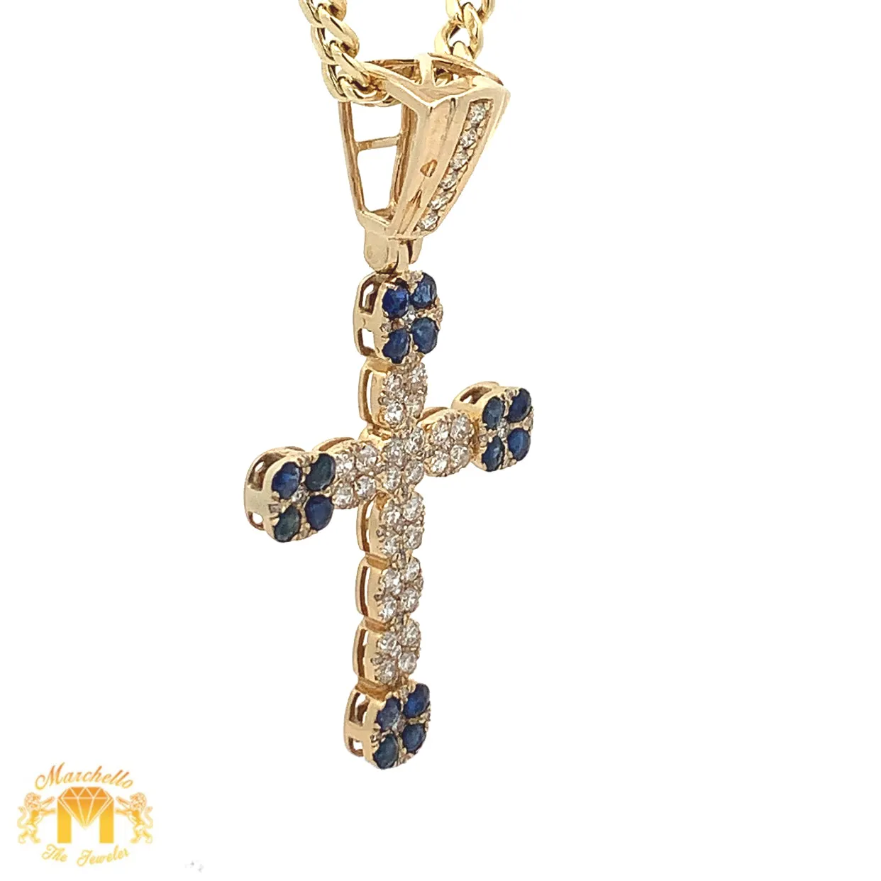 14k Yellow Gold and Diamond Blue Sapphires Cross Pendant and Yellow Gold Cuban Link Chain Set