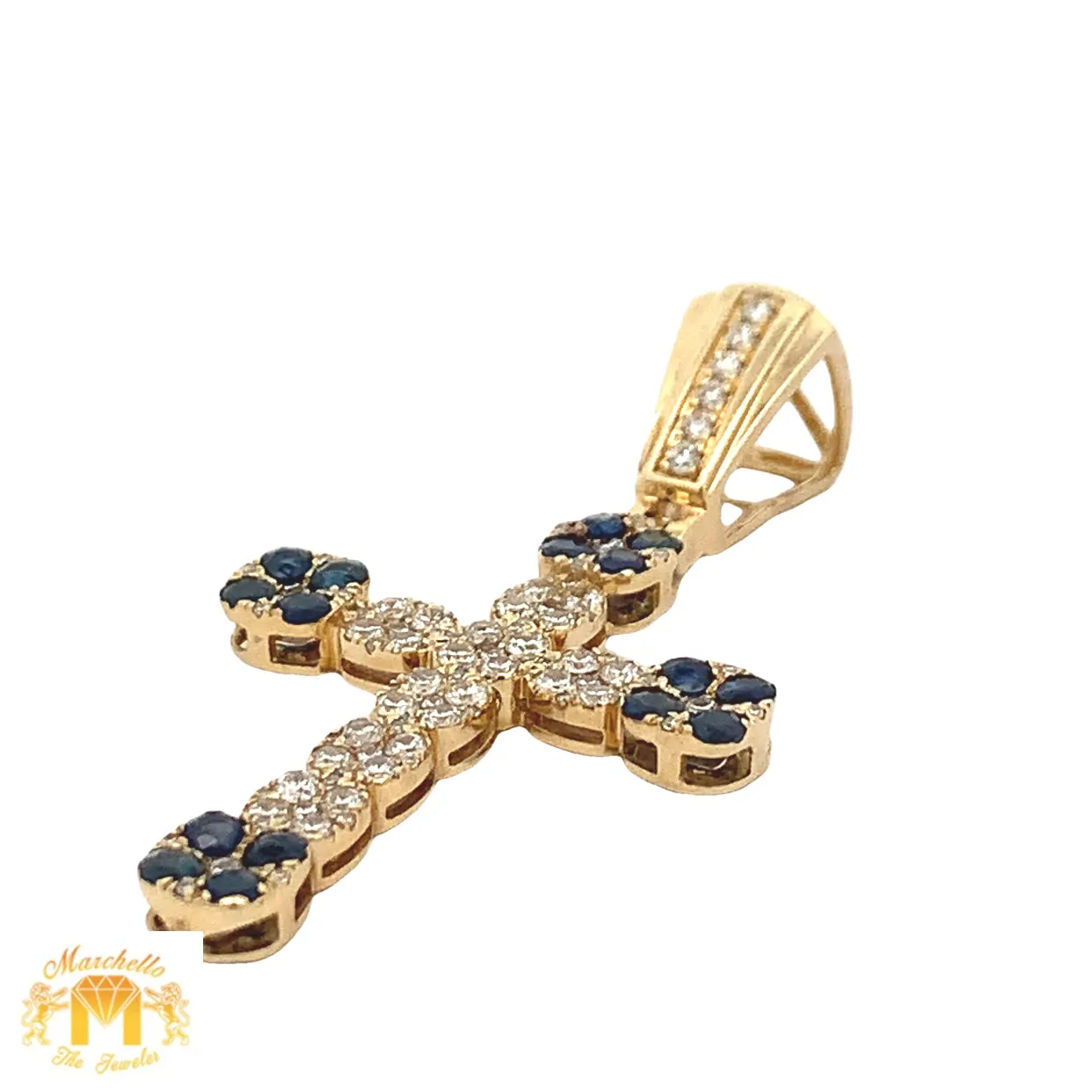 14k Yellow Gold and Diamond Blue Sapphires Cross Pendant and Yellow Gold Cuban Link Chain Set