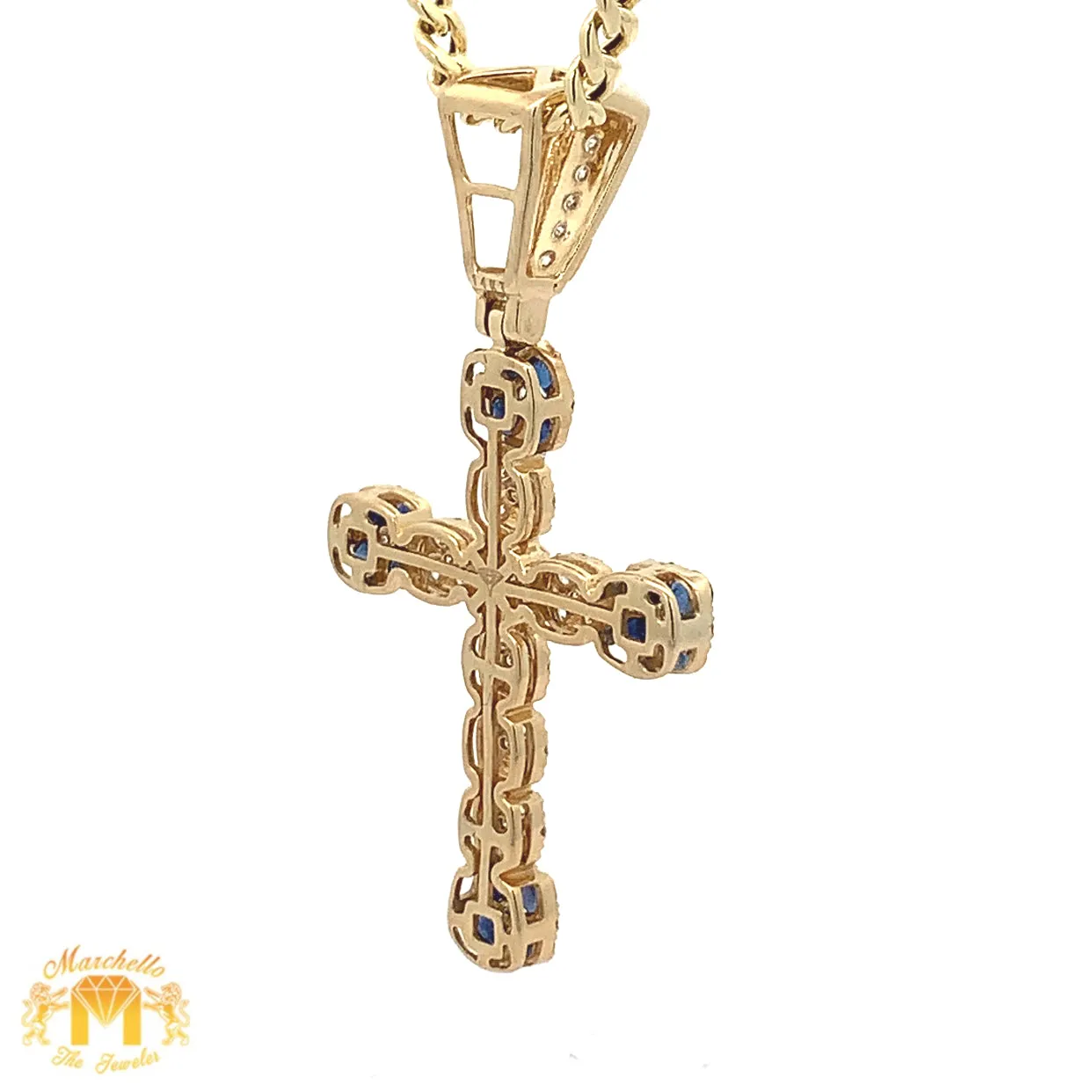 14k Yellow Gold and Diamond Blue Sapphires Cross Pendant and Yellow Gold Cuban Link Chain Set