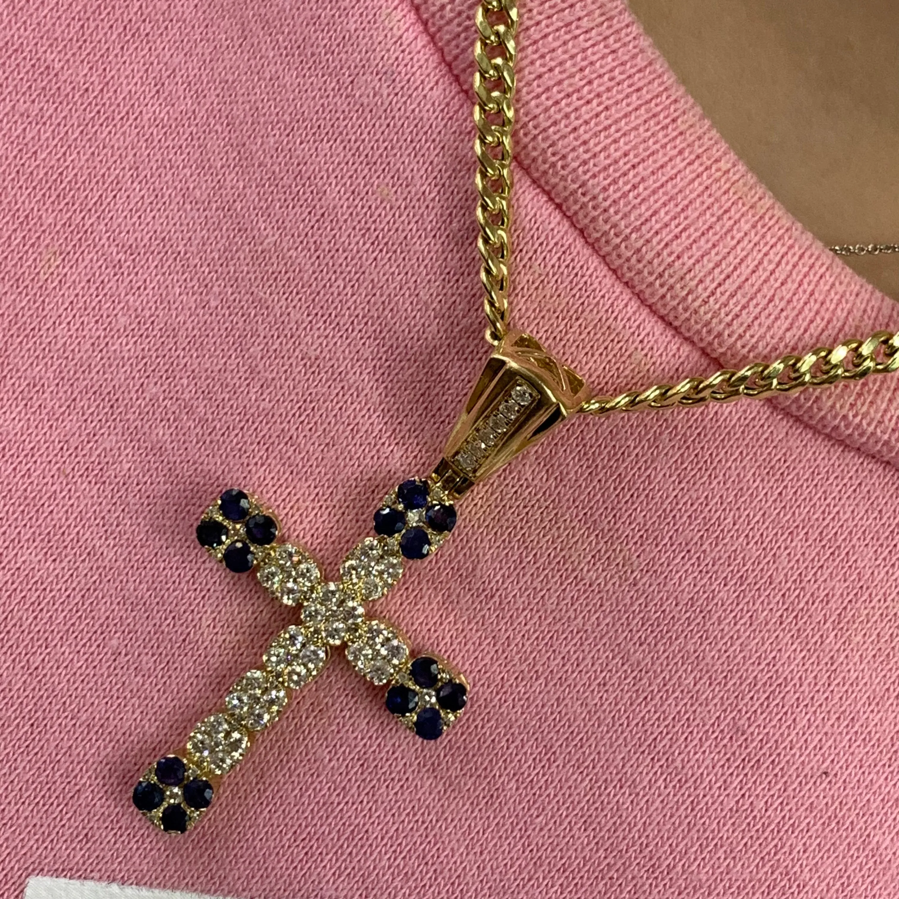 14k Yellow Gold and Diamond Blue Sapphires Cross Pendant and Yellow Gold Cuban Link Chain Set