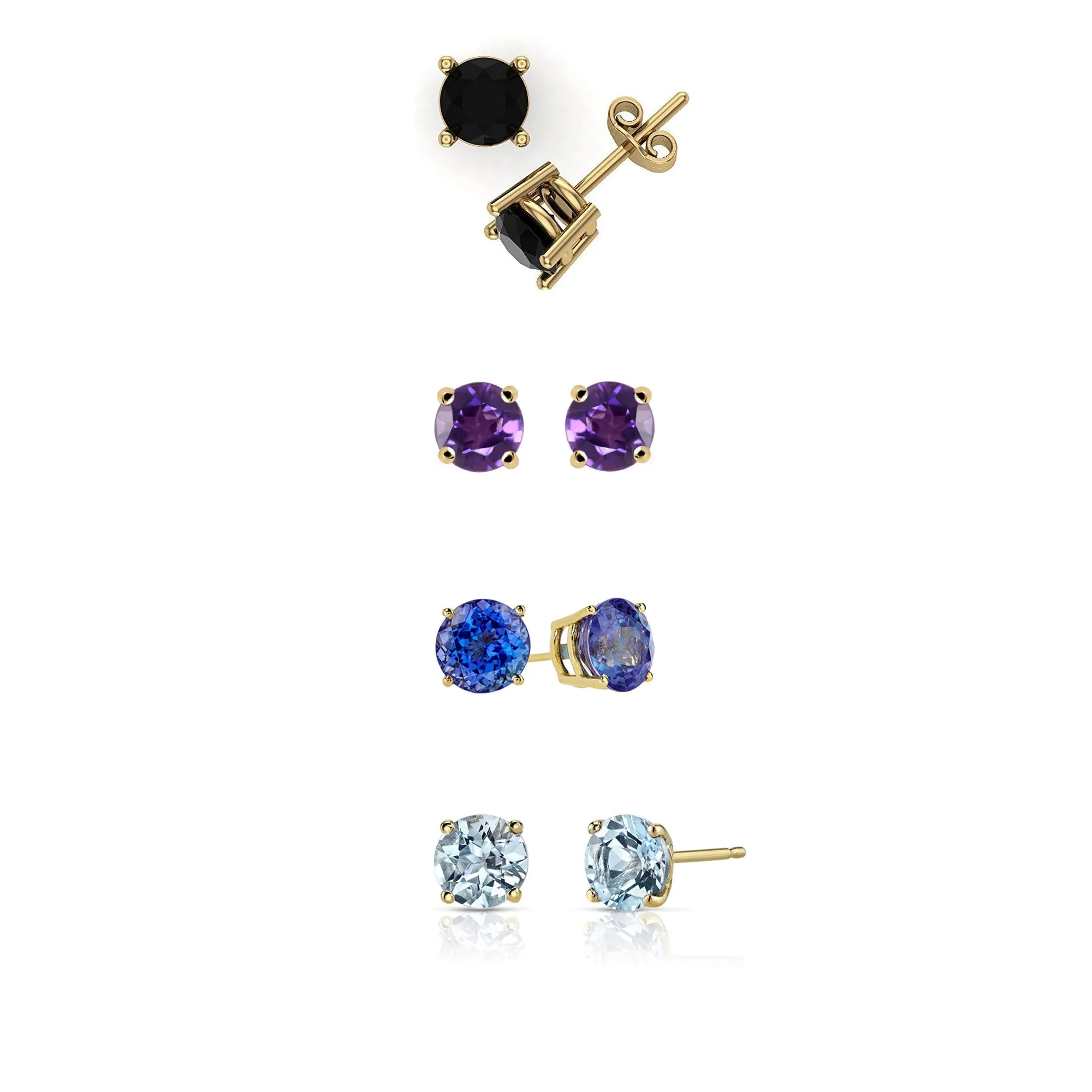 14k Yellow Gold Plated 1/2Ct Created Black Sapphire, Amethyst, Tanzanite and Aquamarine 4 Pair Round Stud Earrings