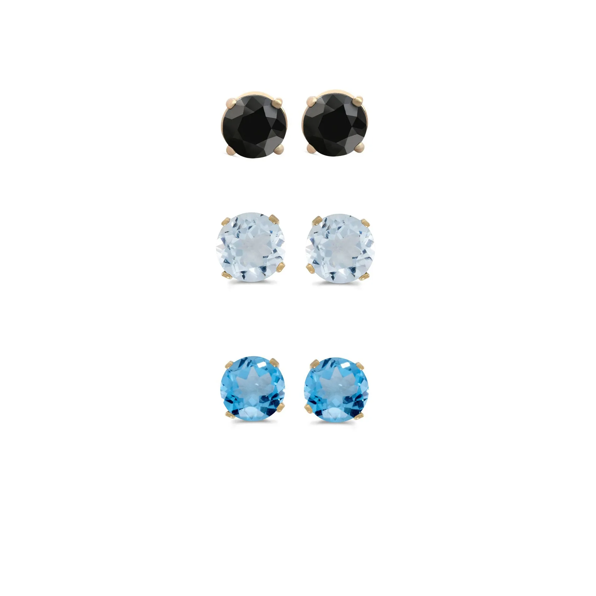 14k Yellow Gold Plated 1/2Ct Created Black Sapphire, Aquamarine and Blue Topaz 3 Pair Round Stud Earrings