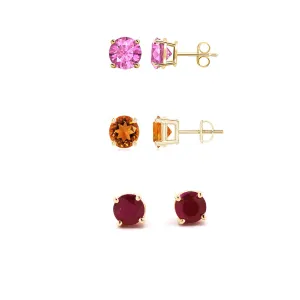 14k Yellow Gold Plated 4Ct Created Pink Sapphire, Citrine and Garnet 3 Pair Round Stud Earrings