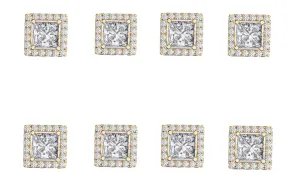 14k Yellow Gold Plated 6mm 1Ct Square Cut White Sapphire Set of Four Halo Stud Earrings