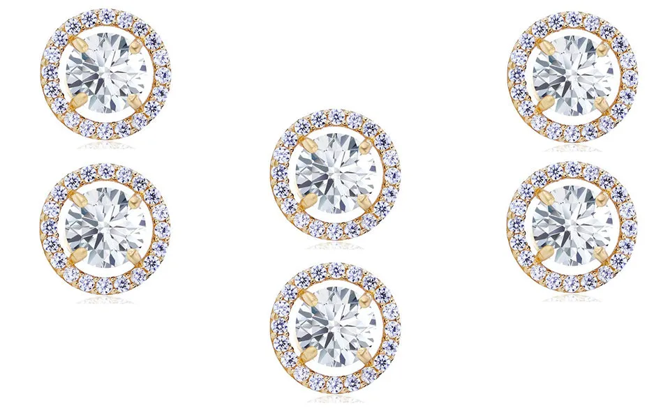 14k Yellow Gold Plated 6mm 4Ct Round White Sapphire Set Of Three Halo Stud Earrings