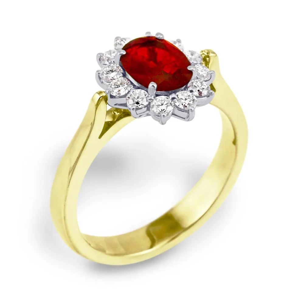 18ct Yellow Gold 1.05ct Oval Ruby And 0.42ct Diamond Cluster Ring