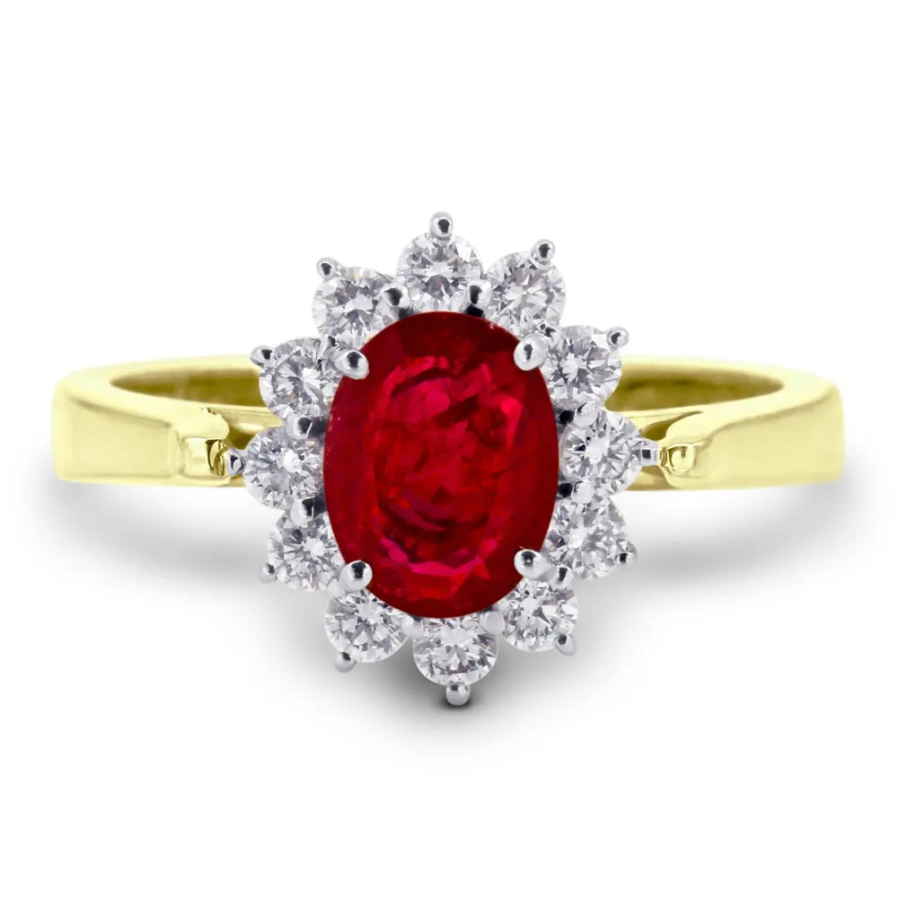 18ct Yellow Gold 1.05ct Oval Ruby And 0.42ct Diamond Cluster Ring