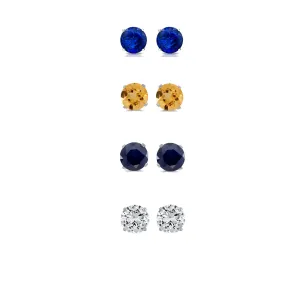 18k White Gold Plated 1Ct Created Blue Sapphire, Citrine, Black Sapphire and White Sapphire 4 Pair Round Stud Earrings