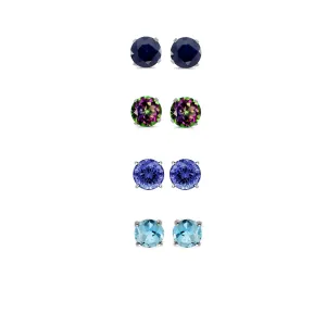 18k White Gold Plated 2Ct Created Black Sapphire, Mystic Topaz, Tanzanite and Blue Topaz 4 Pair Round Stud Earrings