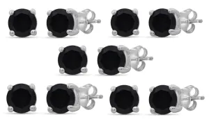 18k White Gold Plated Created Black Sapphire 4Ct Round Set of Five Stud Earrings