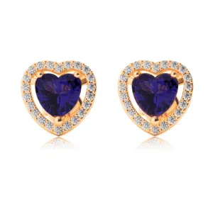 18k Yellow Gold Plated 1/2 Ct Created Halo Heart Blue Sapphire Stud Earrings