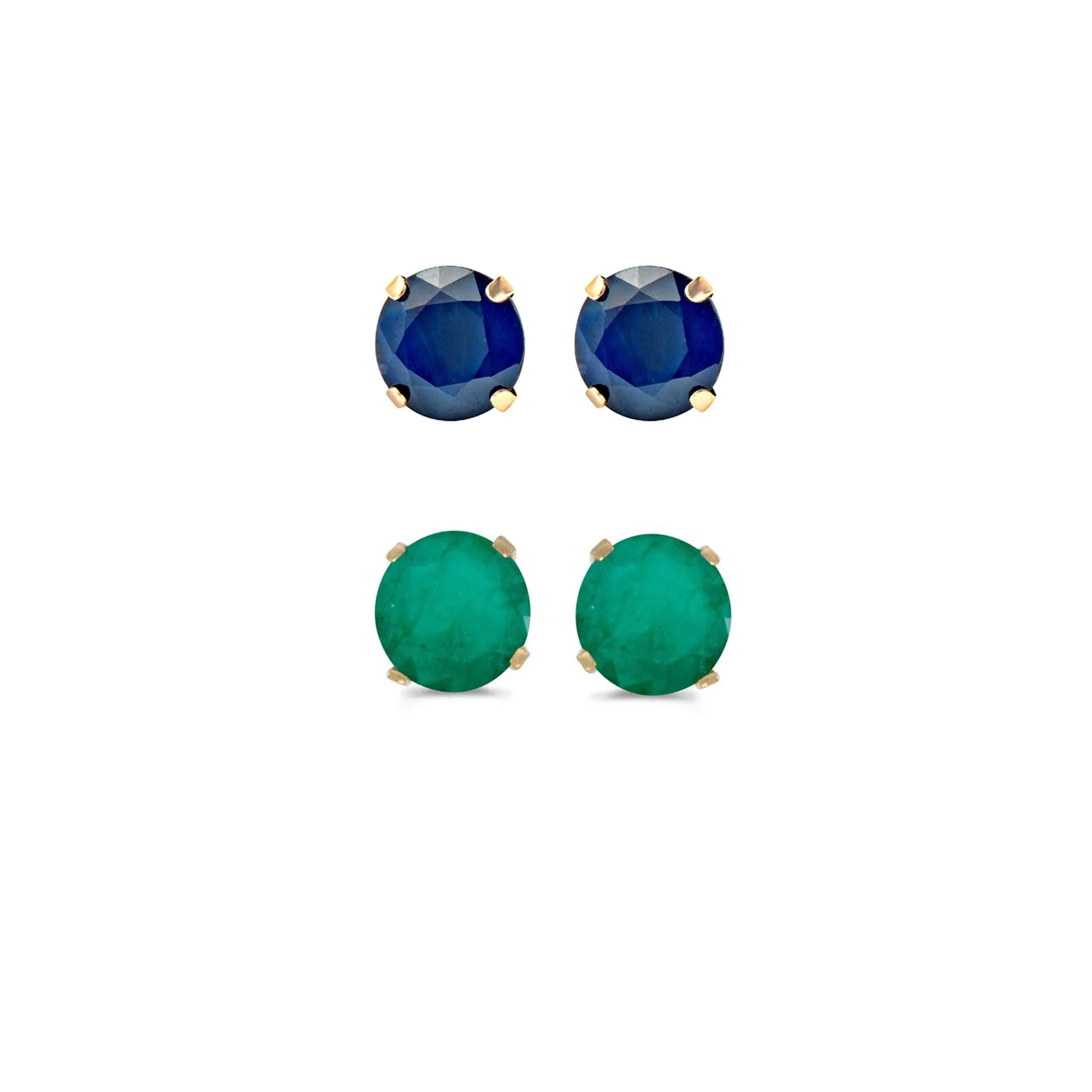 18k Yellow Gold Plated 1/2Ct Created Blue Sapphire and Emerald 2 Pair Round Stud Earrings