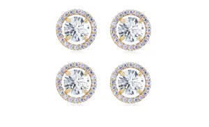 18k Yellow Gold Plated 1Ct Round White Sapphire Set of Two Halo Stud Earrings