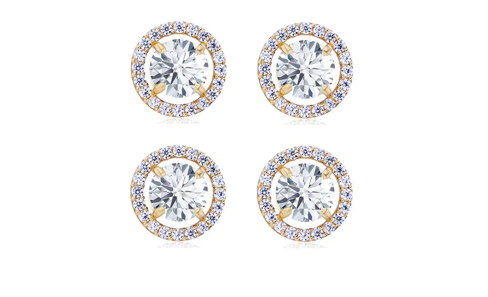 18k Yellow Gold Plated 1Ct Round White Sapphire Set of Two Halo Stud Earrings