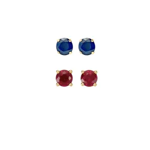 18k Yellow Gold Plated 2Ct Created Blue sapphire and  Ruby 2 Pair Round Stud Earrings