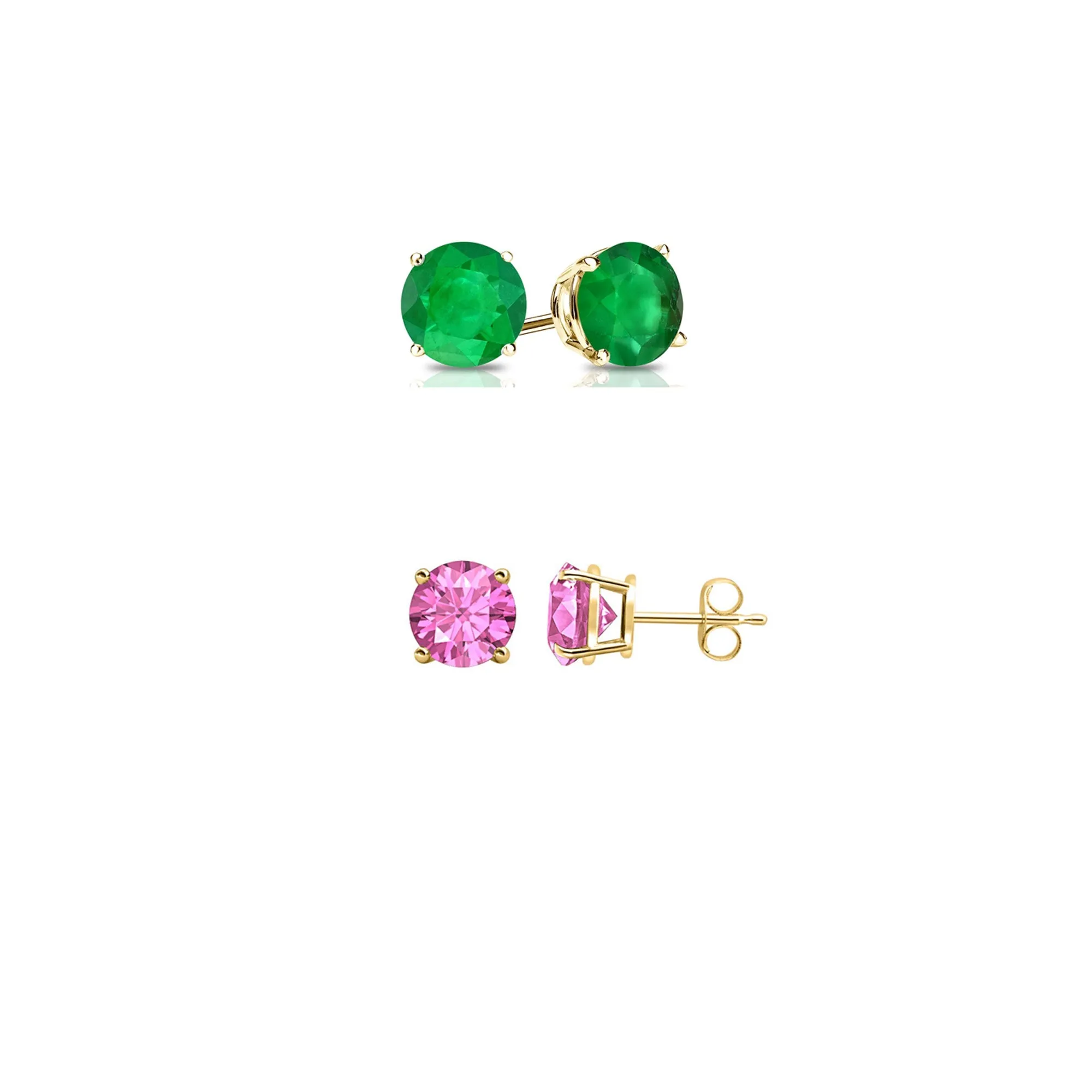 18k Yellow Gold Plated 4Ct Created Emerald and Pink sapphire 2 Pair Round Stud Earrings