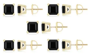 18k Yellow Gold Plated Created Black Sapphire 1/2Carat Square Cut Pack of Five Stud Earrings