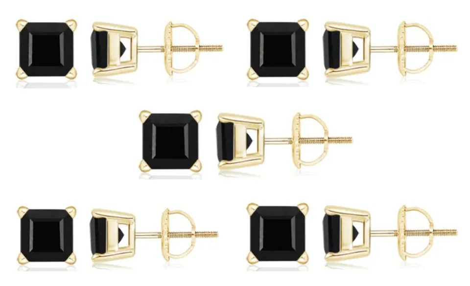 18k Yellow Gold Plated Created Black Sapphire 1/2Carat Square Cut Pack of Five Stud Earrings