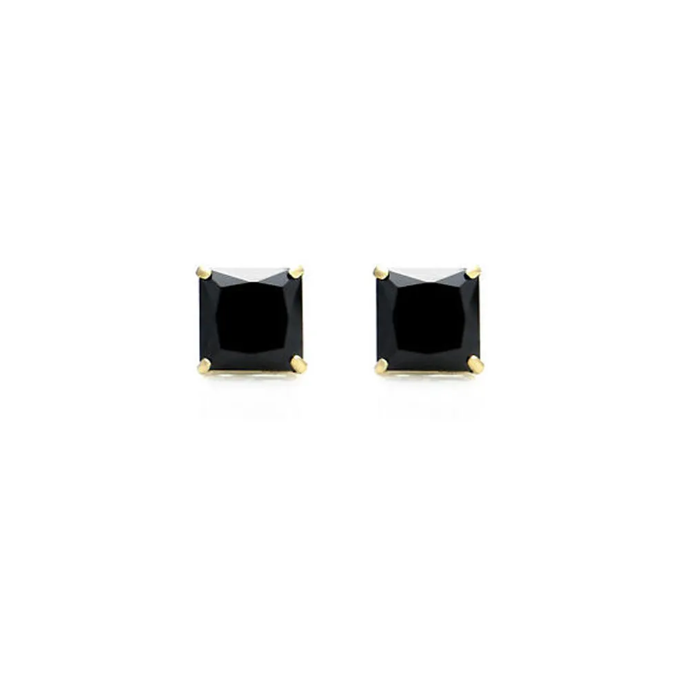 18k Yellow Gold Plated Created Black Sapphire 4 Carat Princess Cut Stud Earrings