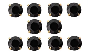 18k Yellow Gold Plated Created Black Sapphire 4 Carat Round Pack of Five Stud Earrings