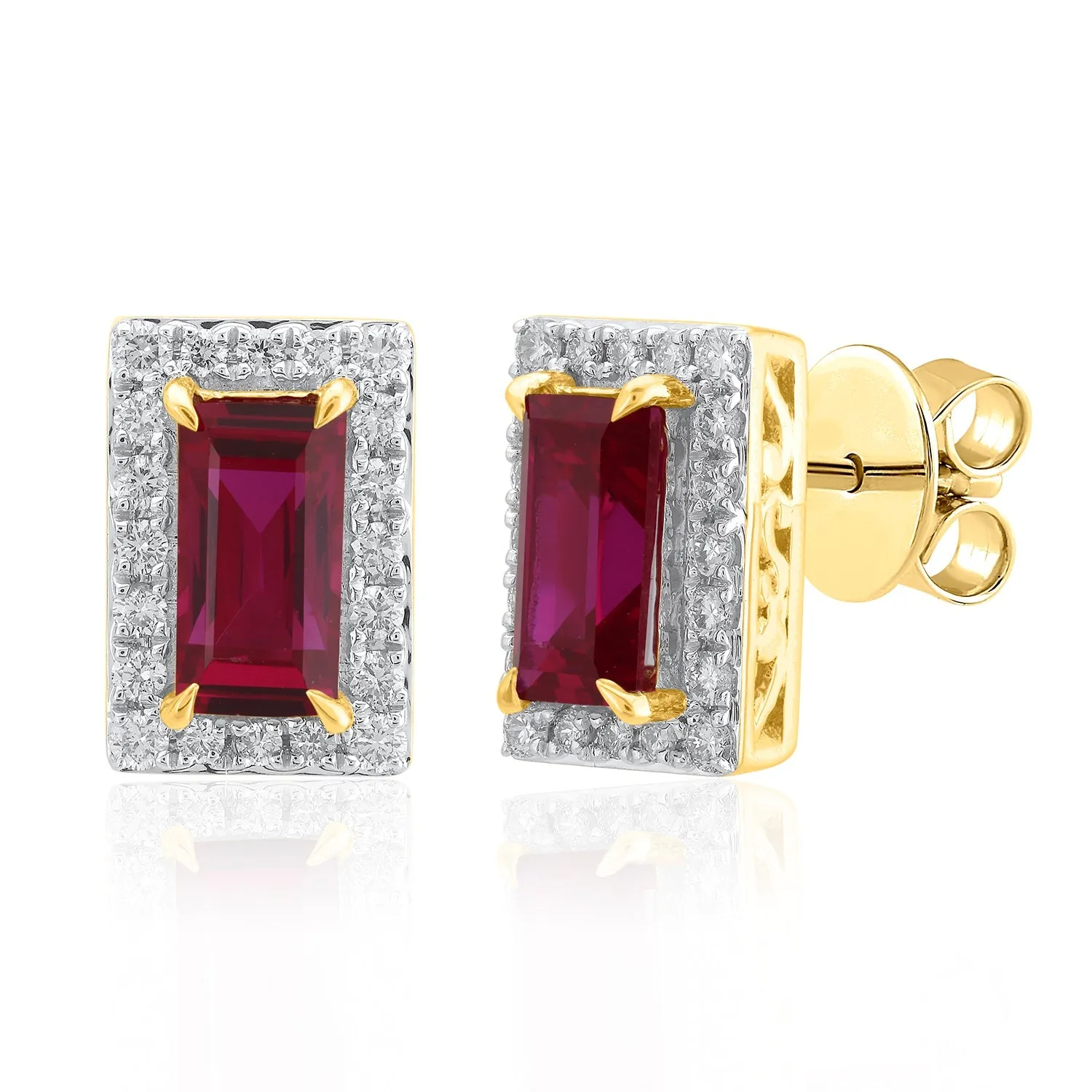 18K YG Women Cluster Diamond with Ruby Earring-1pair