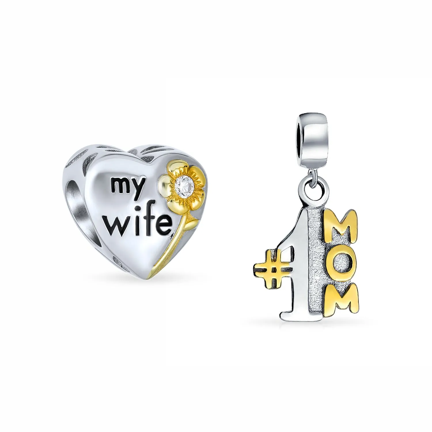 2 Tone Words #1 Mom Dangle MY Wife Heart Locket Charm Bead .925 Silver