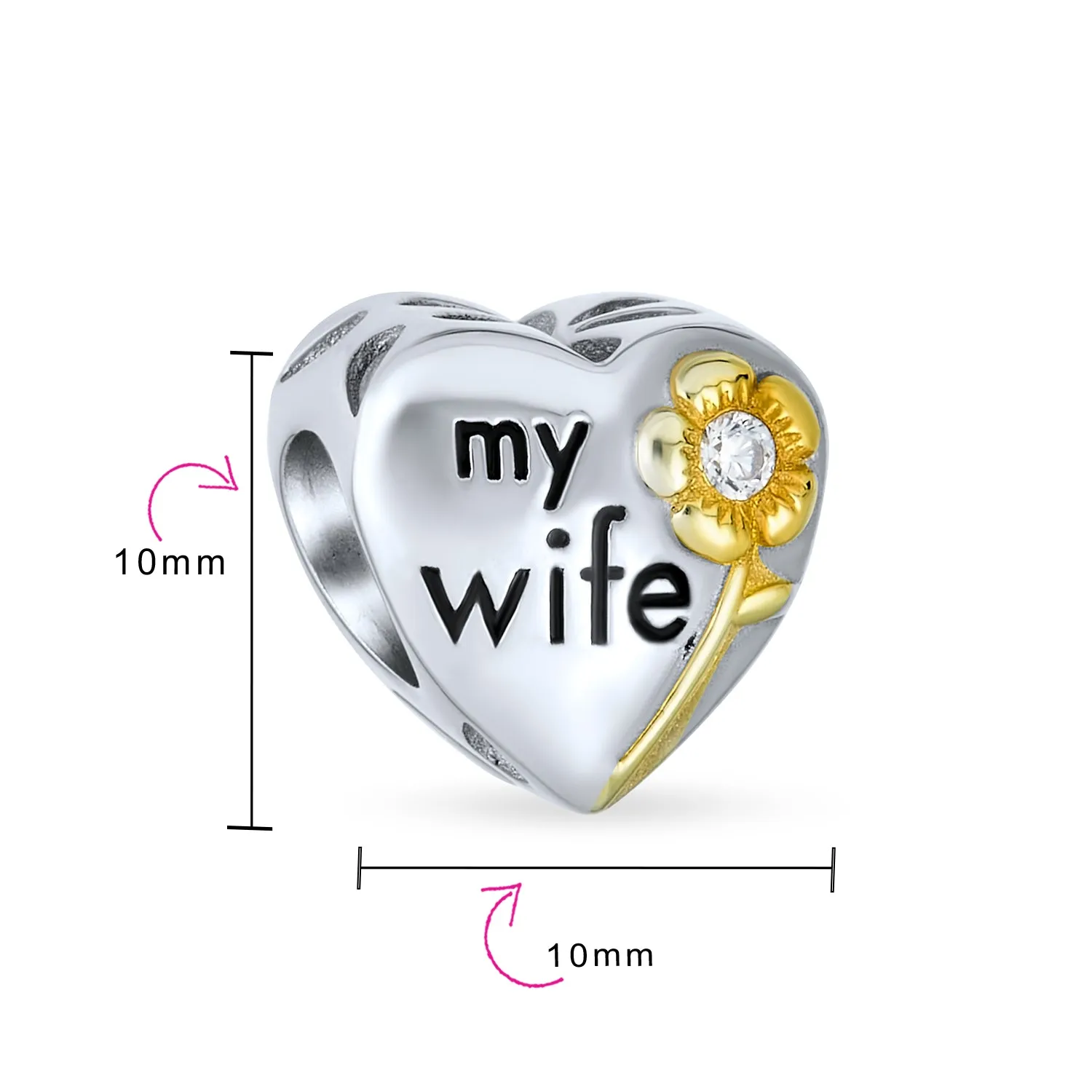 2 Tone Words #1 Mom Dangle MY Wife Heart Locket Charm Bead .925 Silver