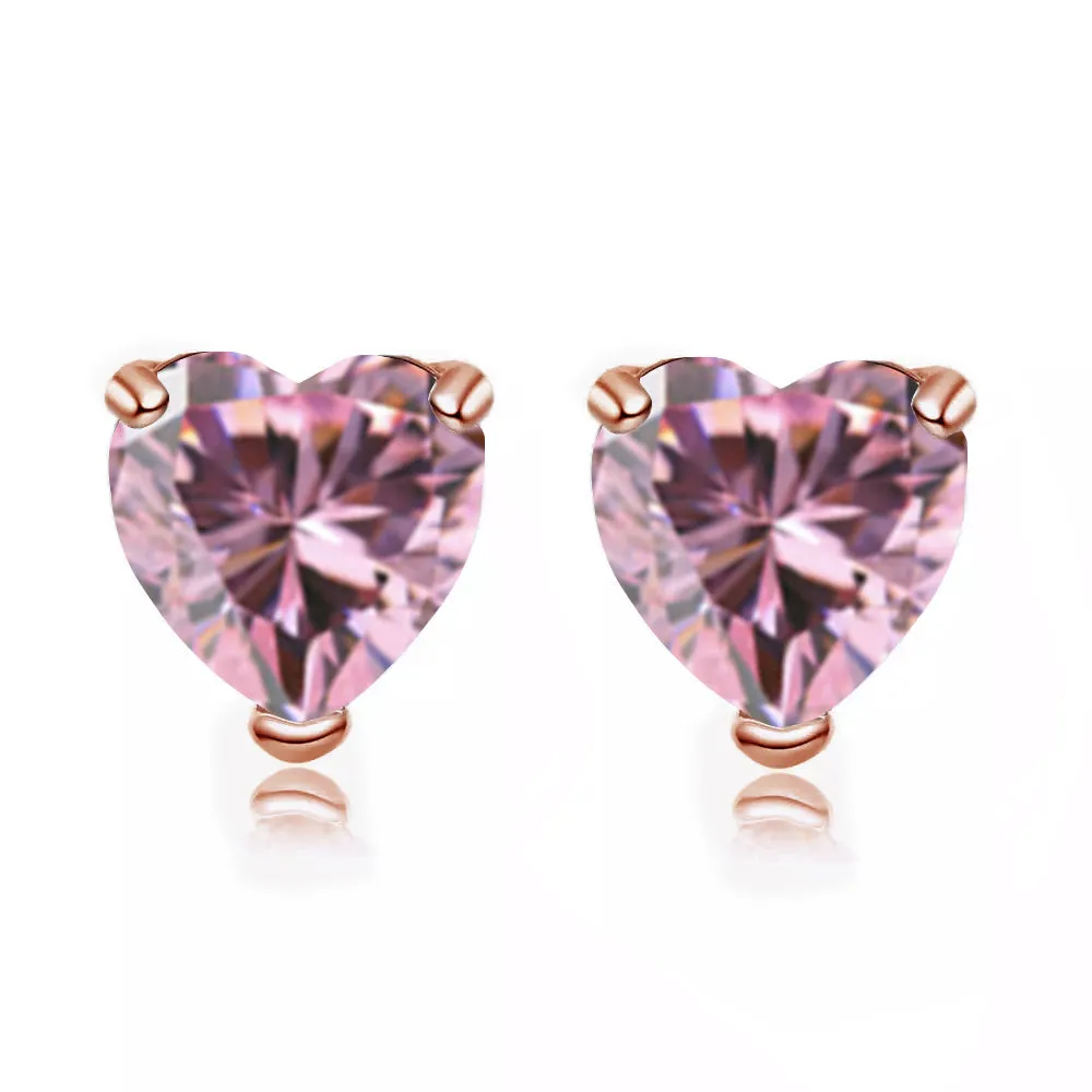 24k Rose Gold Plated 3 Carat Heart Created Pink Sapphire CZ Stud Earrings