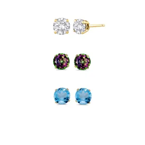 24k Yellow Gold Plated 1Ct Created White Sapphire, Mystic Topaz and Blue Topaz 3 Pair Round Stud Earrings