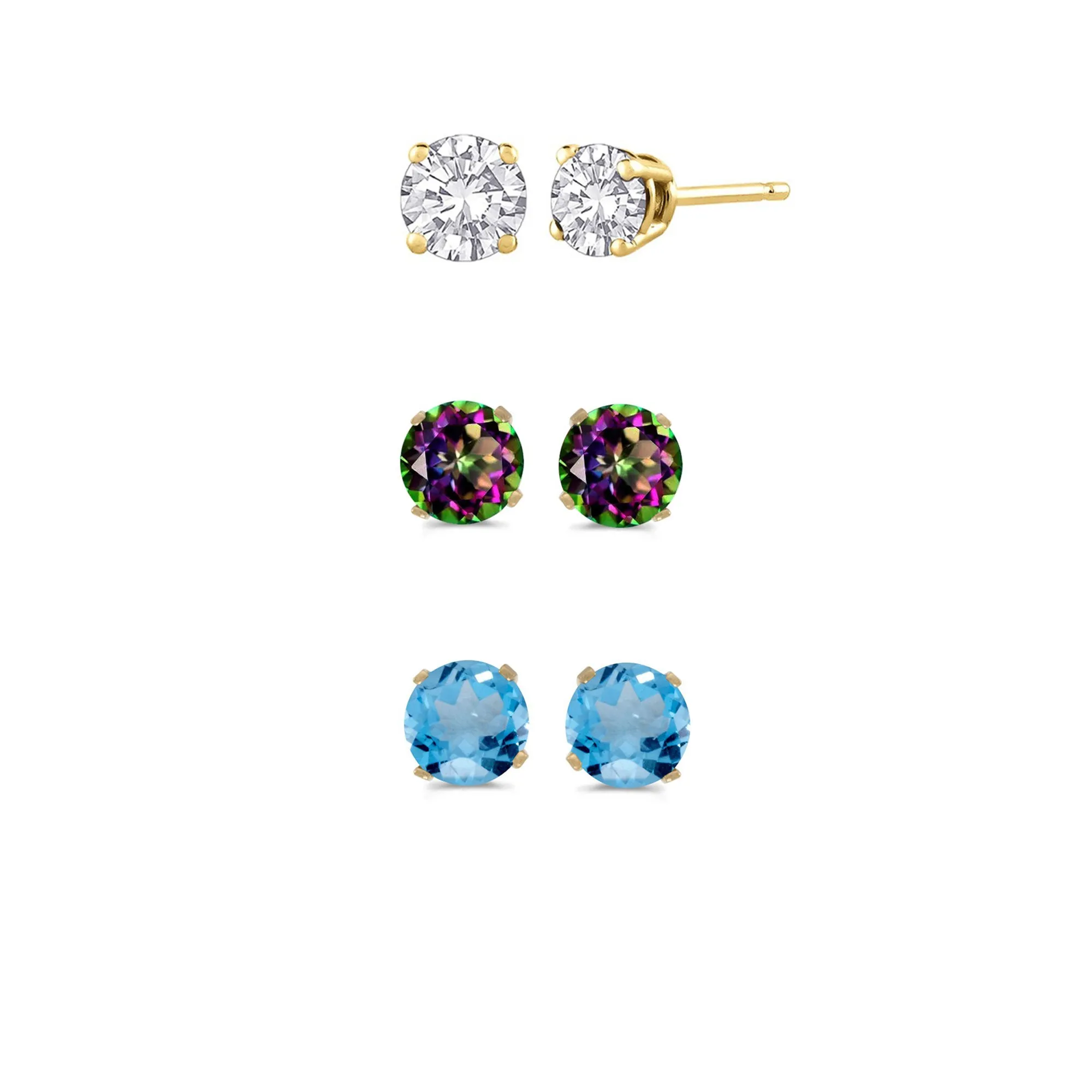 24k Yellow Gold Plated 1Ct Created White Sapphire, Mystic Topaz and Blue Topaz 3 Pair Round Stud Earrings