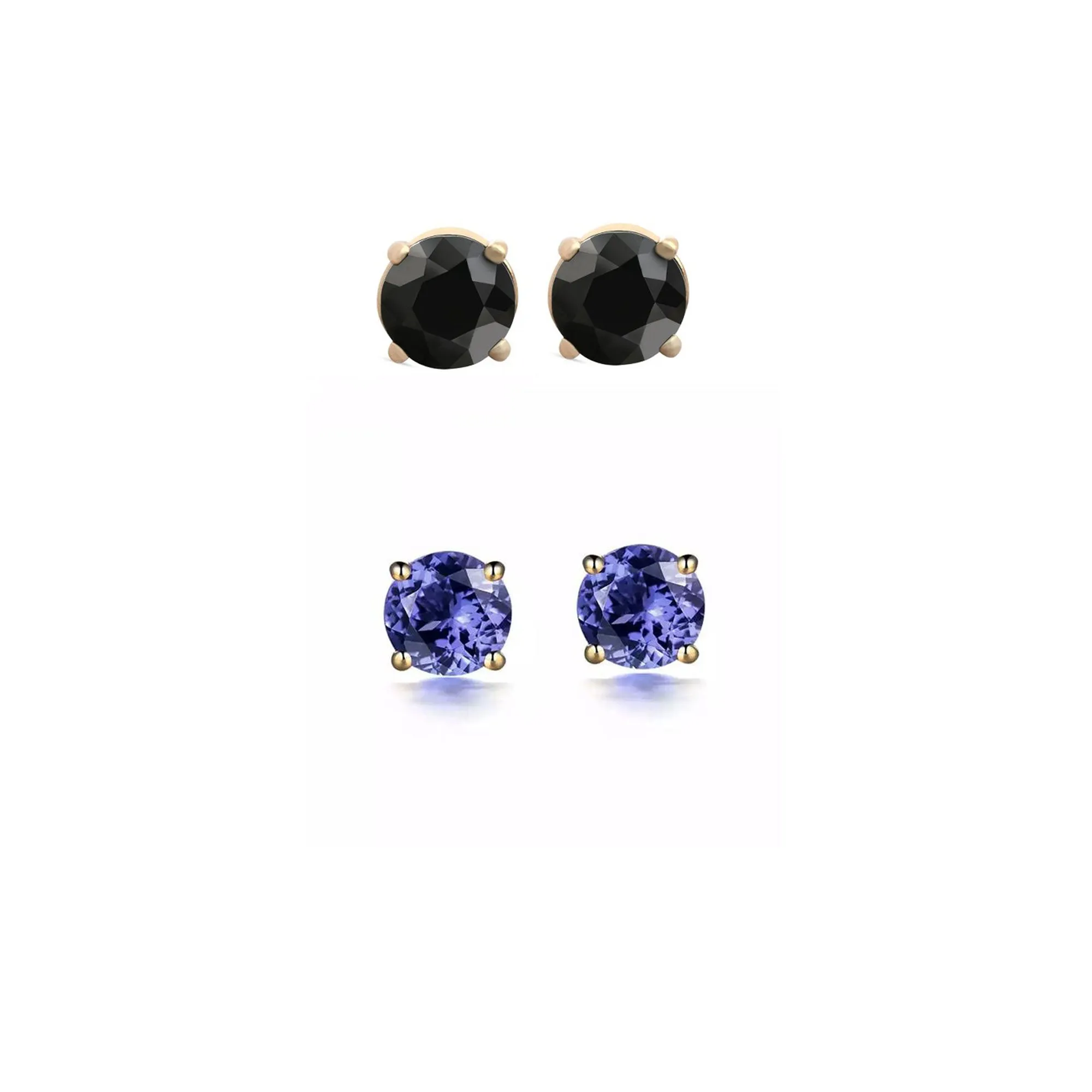 24k Yellow Gold Plated 2Ct Created Black Sapphire and Tanzanite 2 Pair Round Stud Earrings