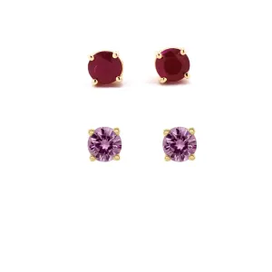 24k Yellow Gold Plated 2Ct Created Ruby and Pink Sapphire 2 Pair Round Stud Earrings