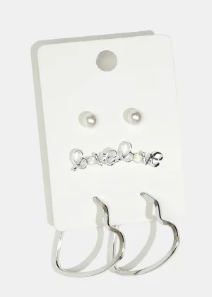 3-Pair "LOVE" & Heart Hoop Earrings