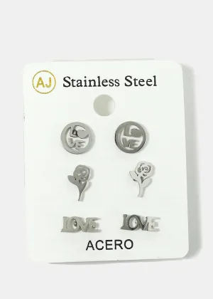 3-Pair "LOVE" & Rose Stud Earrings