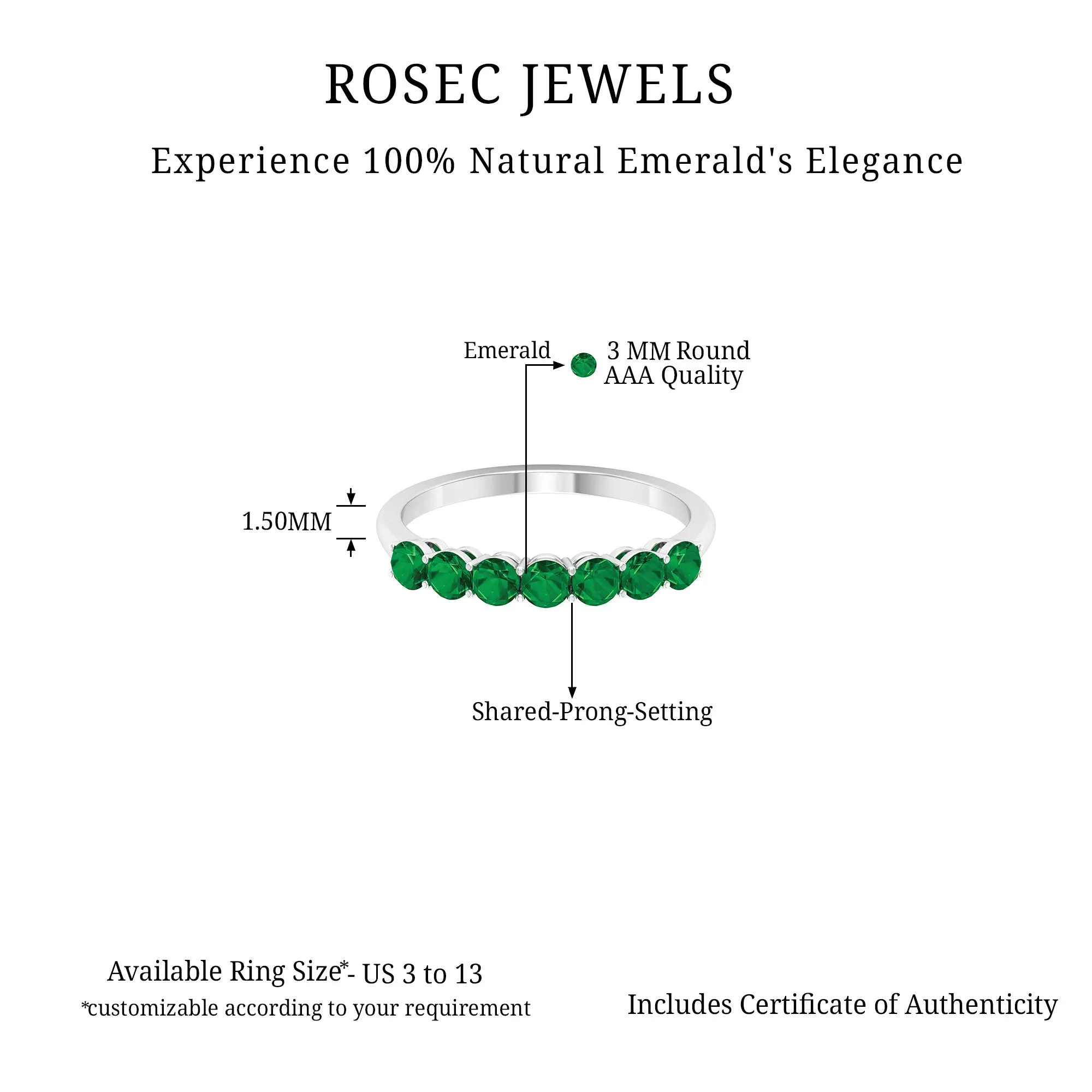 3/4 CT Seven Stone Emerald Ring for Women