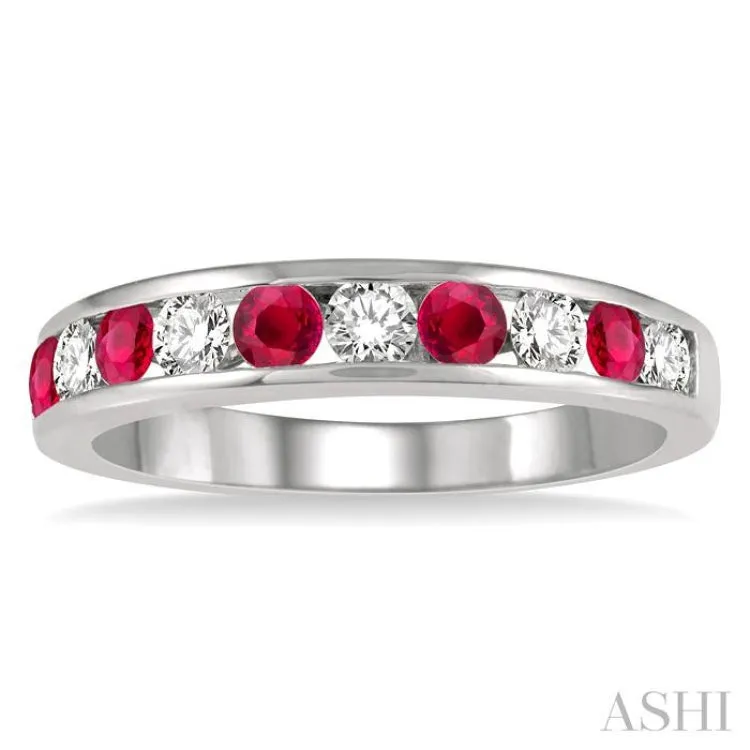 3/8 ctw Round Cut Diamond and 2.6MM Ruby Precious Wedding Band in 14K White Gold