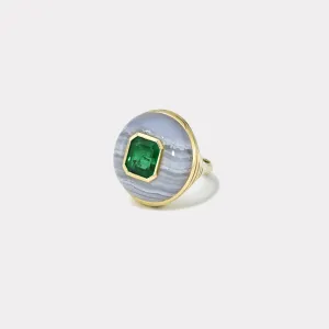 3.8ct Emerald Cut Emerald in Blue Agate Lollipop Ring