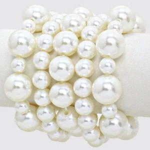 5 Piece Chunky White Pearl Stretch Layered Bracelets