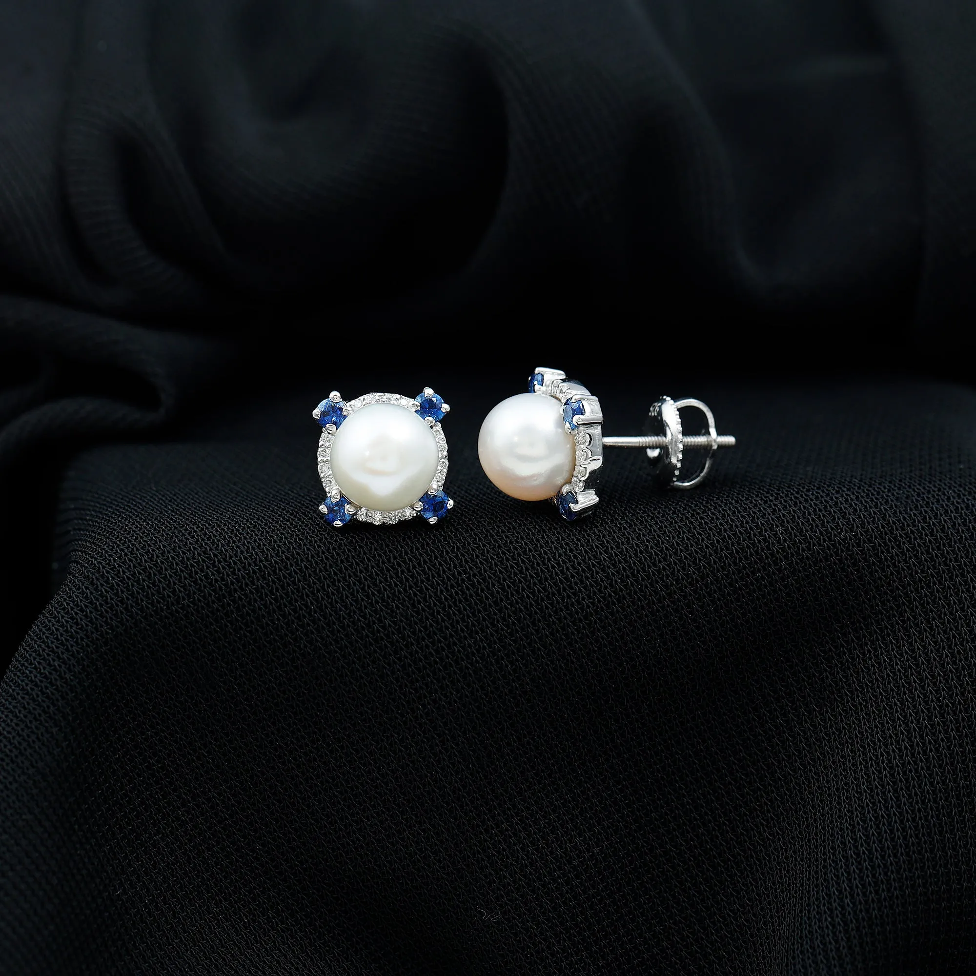 6.50 CT Freshwater Pearl with Blue Sapphire and Moissanite Halo