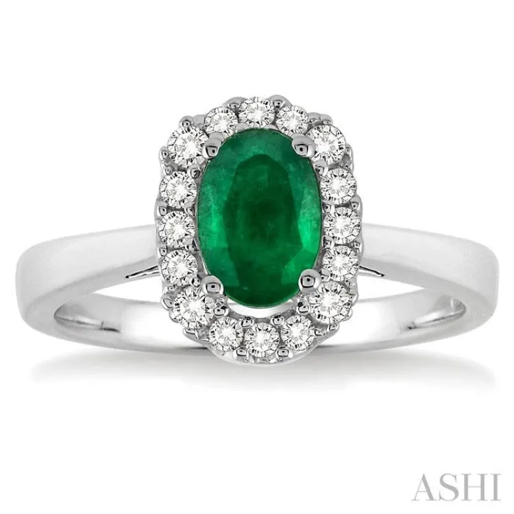 6x4 MM Oval Cut Emerald and 1/6 Ctw Round Cut Diamond Ring in 14K White Gold