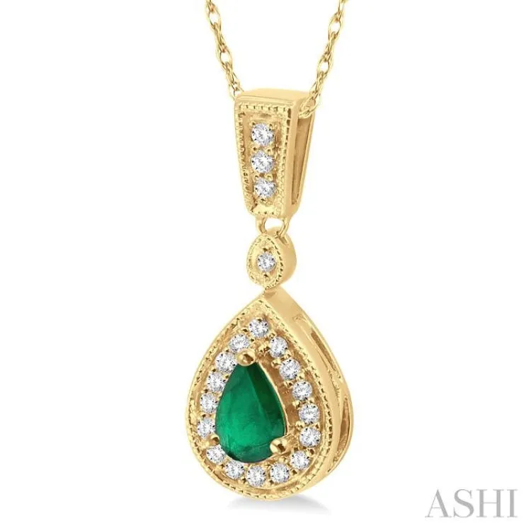 6x4mm Pear Shape Emerald and 1/6 Ctw Round Cut Diamond Pendant in 14K Yellow Gold with Chain