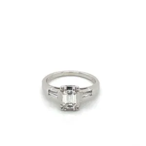 .75ctw Emerald cut Diamond Engagement Ring 14kt White Gold/Baguette Diamond Accents